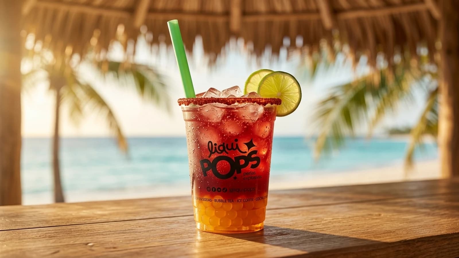 Soda michelada con perlas explosivas LiquiPops, escarche chamoy Skarcha y sirope Geniality
