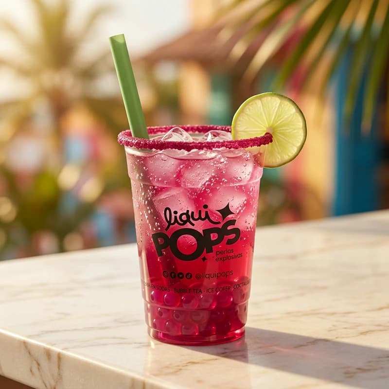 Soda michelada de chamoy con perlas explosivas LiquiPops, borde escarchado y rodaja de limón a contraluz dorada