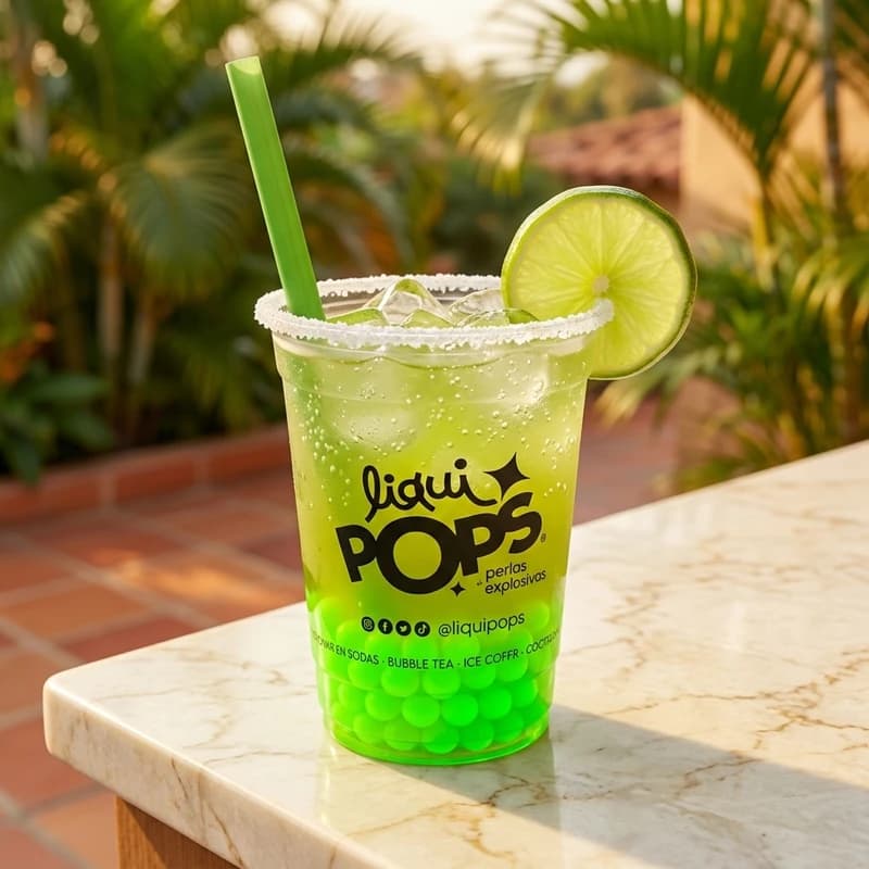 Soda michelada de mango biche con sal con perlas explosivas LiquiPops verde manzana, vaso escarchado a contraluz dorada